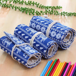 48 Slots Ethnic Elephant Print Pen Bag Canvas Pencil Wrap Curtain Roll Up Pencil Case Stationery Pouch, 48 Slots