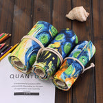 72 Slots Van Gogh Oil Painting Print Pen Bag Canvas Pencil Wrap Curtain Roll Up Pencil Case Stationery Pouch, 72 Slots
