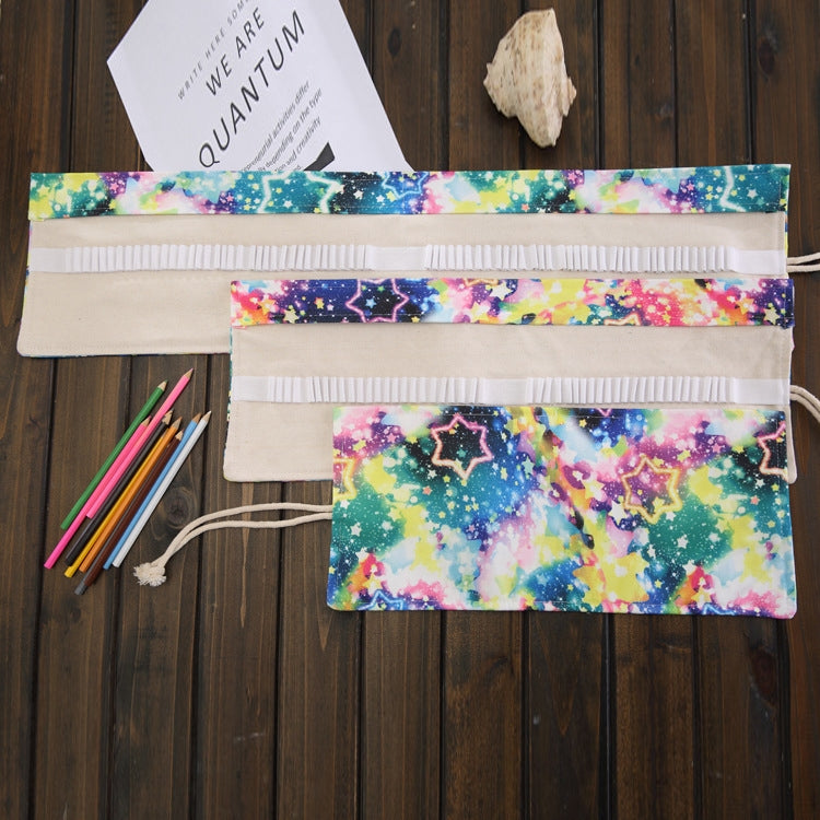 36 Slots Starry Sky Print Pen Bag Canvas Pencil Wrap Curtain Roll Up Pencil Case Stationery Pouch, 36 Slots