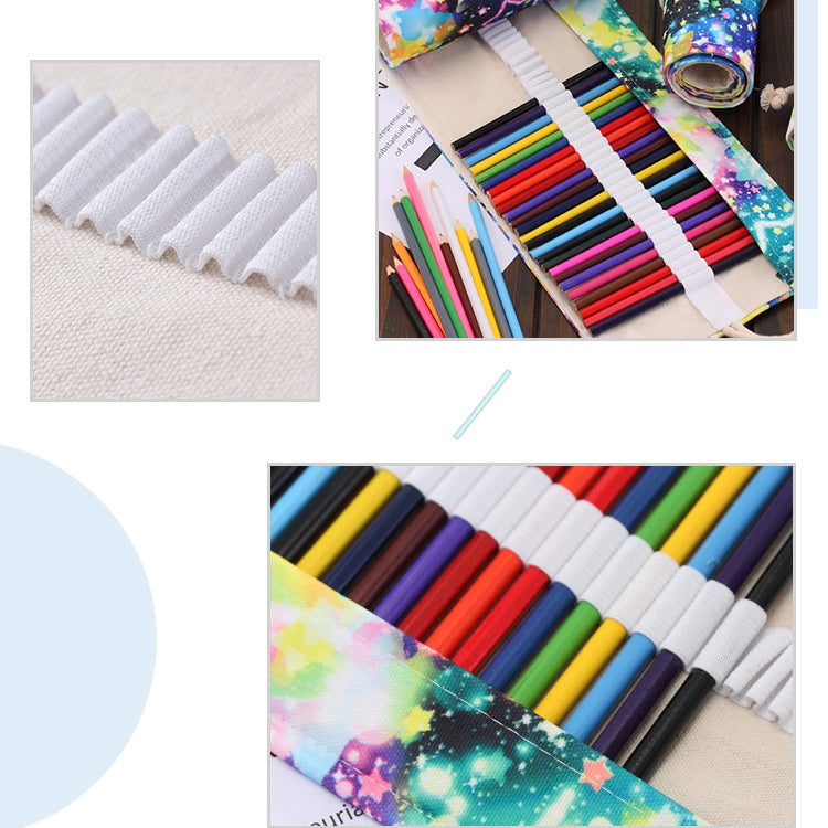 36 Slots Starry Sky Print Pen Bag Canvas Pencil Wrap Curtain Roll Up Pencil Case Stationery Pouch, 36 Slots