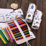 36 Slots Cartoon Animal Print Pen Bag Canvas Pencil Wrap Curtain Roll Up Pencil Case Stationery Pouch, 36 Slots