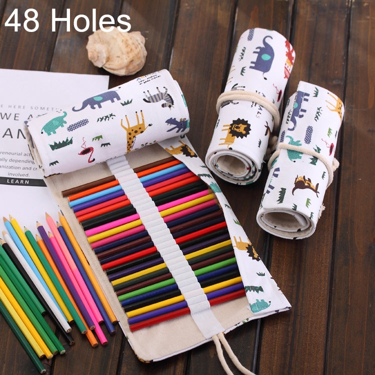 48 Slots Cartoon Animal Print Pen Bag Canvas Pencil Wrap Curtain Roll Up Pencil Case Stationery Pouch, 48 Slots