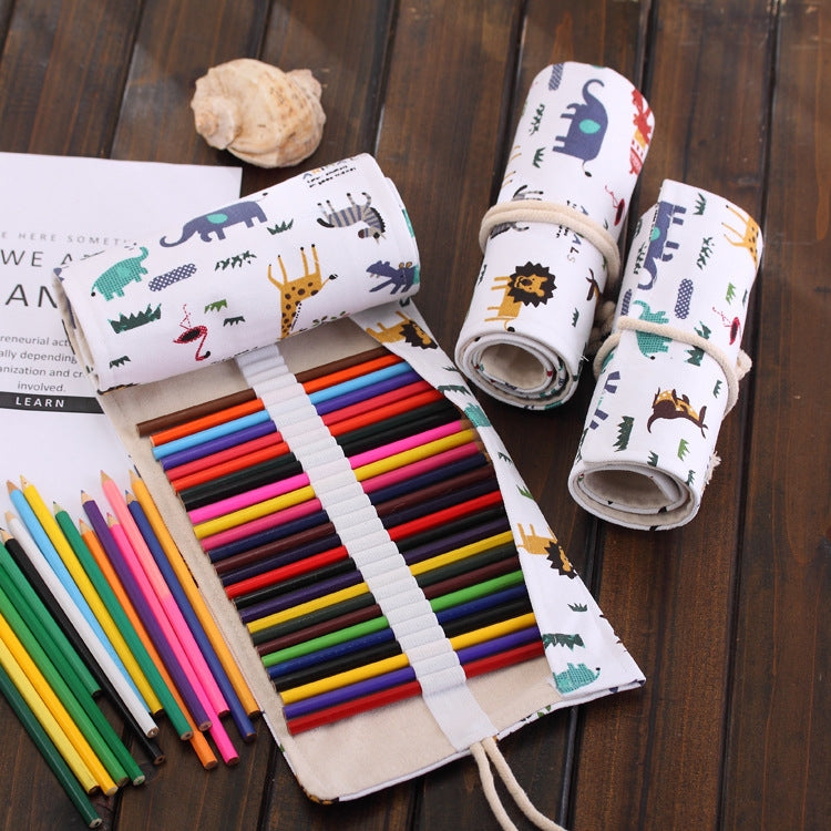 48 Slots Cartoon Animal Print Pen Bag Canvas Pencil Wrap Curtain Roll Up Pencil Case Stationery Pouch, 48 Slots