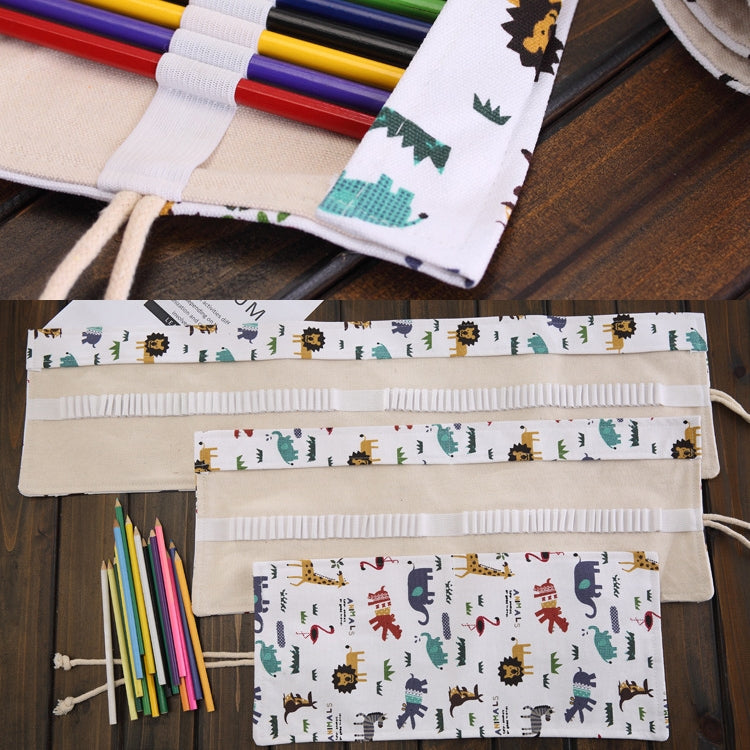 48 Slots Cartoon Animal Print Pen Bag Canvas Pencil Wrap Curtain Roll Up Pencil Case Stationery Pouch, 48 Slots
