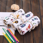 48 Slots Cartoon Animal Print Pen Bag Canvas Pencil Wrap Curtain Roll Up Pencil Case Stationery Pouch, 48 Slots
