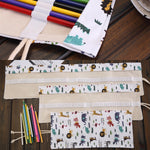 72 Slots Cartoon Animal Print Pen Bag Canvas Pencil Wrap Curtain Roll Up Pencil Case Stationery Pouch, 72 Slots