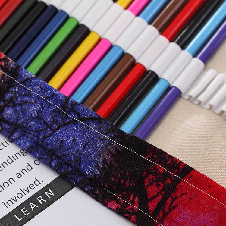48 Slots Sunset Tree Print Pen Bag Canvas Pencil Wrap Curtain Roll Up Pencil Case Stationery Pouch, 48 Slots