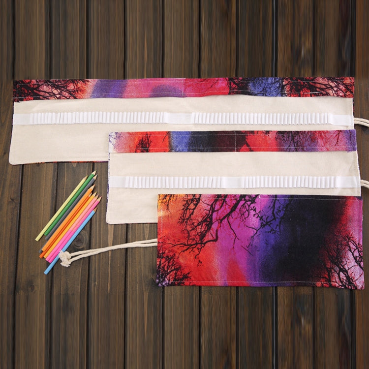 48 Slots Sunset Tree Print Pen Bag Canvas Pencil Wrap Curtain Roll Up Pencil Case Stationery Pouch, 48 Slots