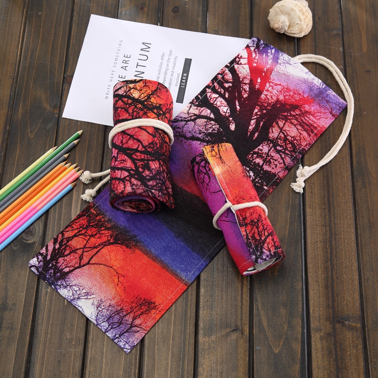 48 Slots Sunset Tree Print Pen Bag Canvas Pencil Wrap Curtain Roll Up Pencil Case Stationery Pouch, 48 Slots