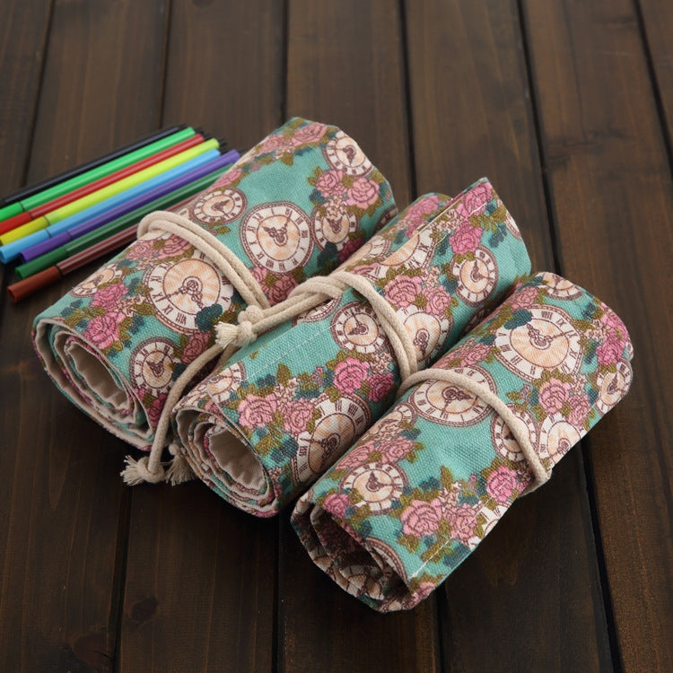 36 Slots Rose Clock Print Pen Bag Canvas Pencil Wrap Curtain Roll Up Pencil Case Stationery Pouch, 36 Slots