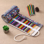 72 Slots Ethnic Print Pen Bag Canvas Pencil Wrap Curtain Roll Up Pencil Case Stationery Pouch, 72 Slots
