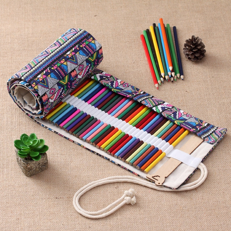 72 Slots Ethnic Print Pen Bag Canvas Pencil Wrap Curtain Roll Up Pencil Case Stationery Pouch, 72 Slots