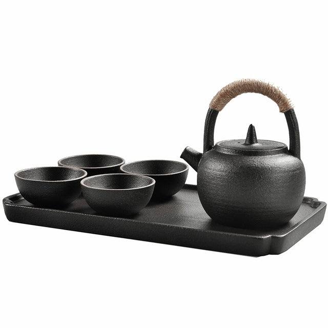 Portable Travel Ceramics Loop Handle Pot Teapot Teacup Set with Tea Tray, with Tea Tray (Black), with Tea Tray (White)