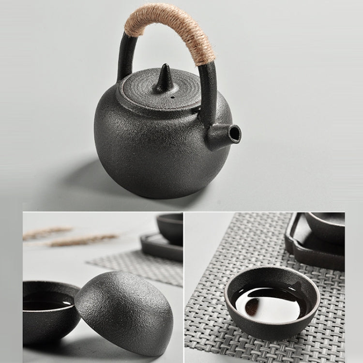 Portable Travel Ceramics Loop Handle Pot Teapot Teacup Set with Tea Tray, with Tea Tray (Black), with Tea Tray (White)