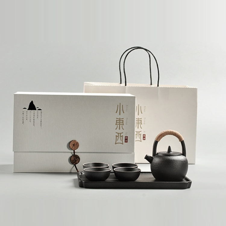 Portable Travel Ceramics Loop Handle Pot Teapot Teacup Set with Tea Tray, with Tea Tray (Black), with Tea Tray (White)