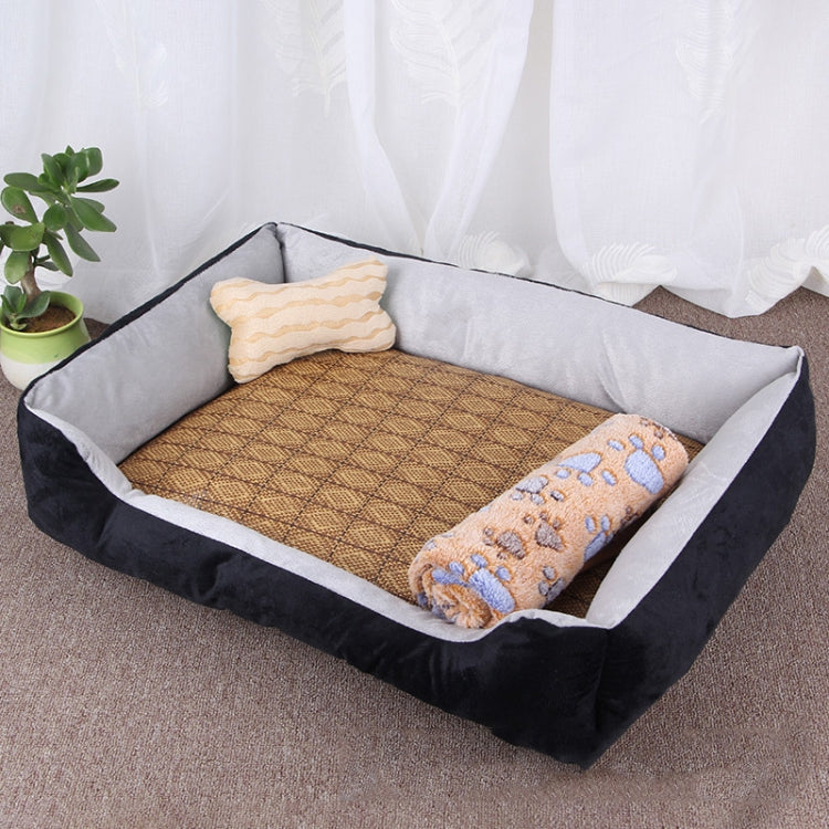 Dog Bone Pattern Big Soft Warm Kennel Pet Dog Cat Mat Blanket, with Rattan Mat & Blanket Size: L, 80×60×15cm, Size: L