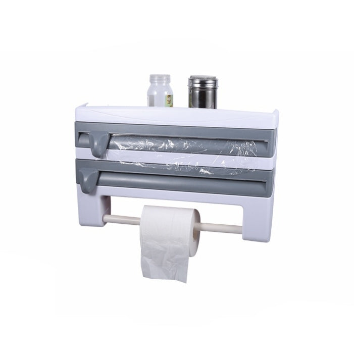 Kitchen Wall Mounted Cling Film Holder Wrap Storage Rack Hanger Rack Cutting Device, Size: 39 x 10 x 24cm, Grey, Khaki