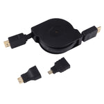 كابل محول HDMI ذكر إلى HDMI ذكر قابل للسحب بطول 1 متر مع محولات Mini HDMI وMicro HDMI لشاشات HDTV وجهاز العرض والكمبيوتر والكاميرات والأجهزة اللوحية والهواتف الذكية