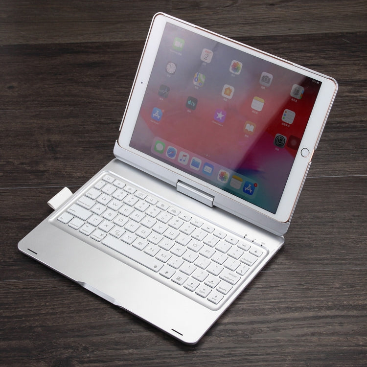حافظة تابلت جلدية مع لوحة مفاتيح بلوتوث قابلة للدوران بإضاءة خلفية ملونة لجهاز iPad 10.2 بوصة مع وظيفة فتحة قلم F102AS