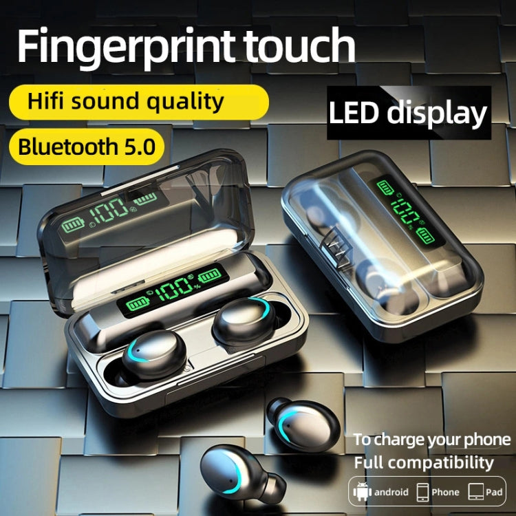 F9-5C Four-bar Breathing Light + Digital Display Noise Reduction Bluetooth Earphone, F9-5C Four-bar Light White, F9-5C Four-bar Light Black