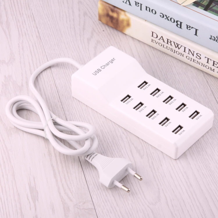 محول شاحن USB بقدرة 10 منافذ 5 فولت 2.4 أمبير / 2.1 أمبير / 1 أمبير، قابس الاتحاد الأوروبي