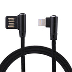 كابل شحن ومزامنة بيانات 1 متر 2.4A USB إلى 8 دبابيس بتصميم كوع مزدوج بنمط نسج نايلون، 8 دبابيس أزرق داكن، 8 دبابيس أزرق، 8 دبابيس أحمر، 8 دبابيس أسود، 8 دبابيس بني