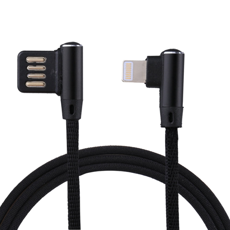 كابل شحن ومزامنة بيانات 1 متر 2.4A USB إلى 8 دبابيس بتصميم كوع مزدوج بنمط نسج نايلون، 8 دبابيس أزرق داكن، 8 دبابيس أزرق، 8 دبابيس أحمر، 8 دبابيس أسود، 8 دبابيس بني