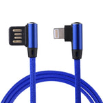كابل شحن ومزامنة بيانات 1 متر 2.4A USB إلى 8 دبابيس بتصميم كوع مزدوج بنمط نسج نايلون، 8 دبابيس أزرق داكن، 8 دبابيس أزرق، 8 دبابيس أحمر، 8 دبابيس أسود، 8 دبابيس بني
