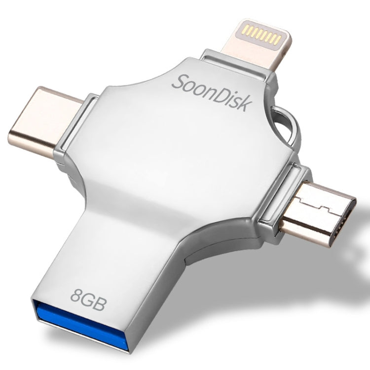 فلاش درايف 4 في 1 بسعة 8 جيجابايت USB 3.0 + 8 دبابيس + Micro USB + USB-C / Type-C للاستخدام المزدوج مع وظيفة OTG، 8 جيجابايت