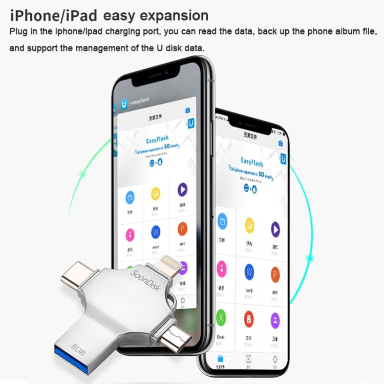 فلاش درايف 4 في 1 بسعة 8 جيجابايت USB 3.0 + 8 دبابيس + Micro USB + USB-C / Type-C للاستخدام المزدوج مع وظيفة OTG، 8 جيجابايت