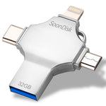 فلاش درايف 4 في 1 بسعة 32 جيجابايت USB 3.0 + 8 دبابيس + Micro USB + USB-C / Type-C للاستخدام المزدوج مع وظيفة OTG، 32 جيجابايت