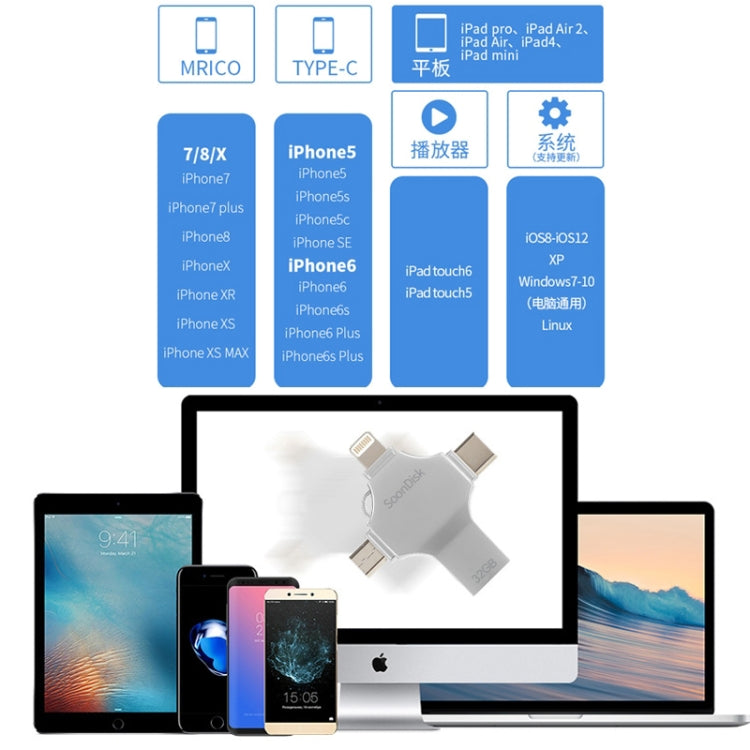 فلاش درايف 4 في 1 بسعة 32 جيجابايت USB 3.0 + 8 دبابيس + Micro USB + USB-C / Type-C للاستخدام المزدوج مع وظيفة OTG، 32 جيجابايت