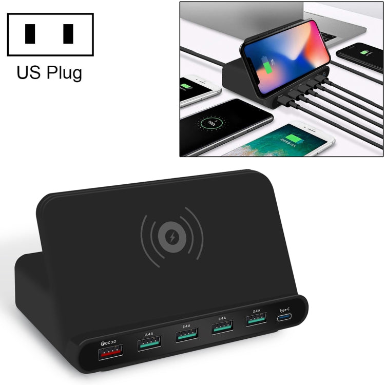شاحن متعدد الوظائف 828W 7 في 1 بقدرة 60W مع واجهة USB QC 3.0 + 4 منافذ USB + واجهة USB-C / Type-C + شحن لاسلكي مع وظيفة حامل هاتف، قابس الولايات المتحدة، قابس الولايات المتحدة أسود، قابس الولايات المتحدة أبيض
