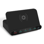 شاحن متعدد الوظائف 828W 7 في 1 بقدرة 60W مع واجهة USB QC 3.0 + 4 منافذ USB + واجهة USB-C / Type-C + شحن لاسلكي مع وظيفة حامل هاتف، قابس الولايات المتحدة، قابس الولايات المتحدة أسود، قابس الولايات المتحدة أبيض