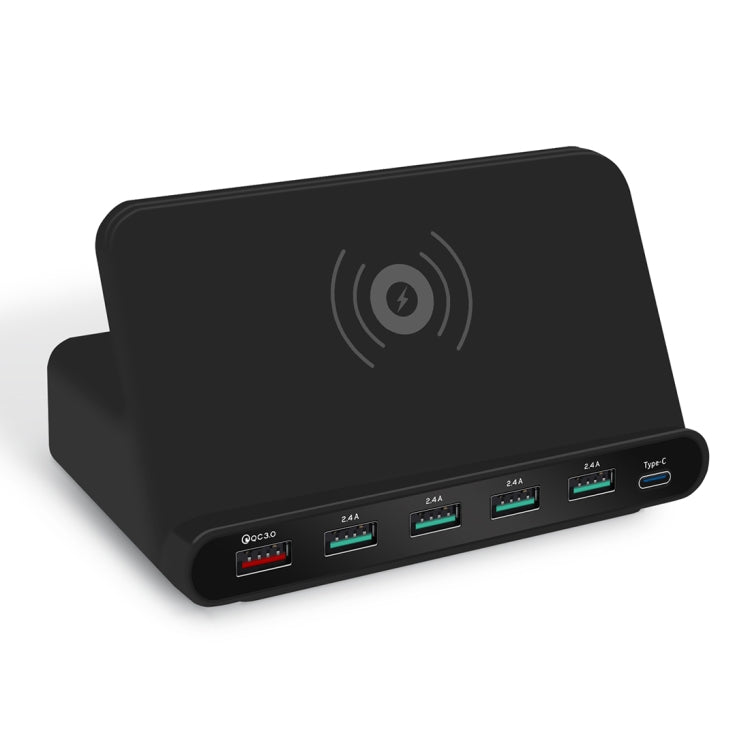 شاحن متعدد الوظائف 828W 7 في 1 بقدرة 60W مع واجهة USB QC 3.0 + 4 منافذ USB + واجهة USB-C / Type-C + شحن لاسلكي مع وظيفة حامل هاتف، قابس الولايات المتحدة، قابس الولايات المتحدة أسود، قابس الولايات المتحدة أبيض