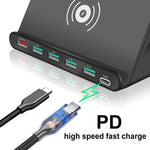 شاحن متعدد الوظائف 828W 7 في 1 بقدرة 60W مع واجهة USB QC 3.0 + 4 منافذ USB + واجهة USB-C / Type-C + شحن لاسلكي مع وظيفة حامل هاتف، قابس الولايات المتحدة، قابس الولايات المتحدة أسود، قابس الولايات المتحدة أبيض
