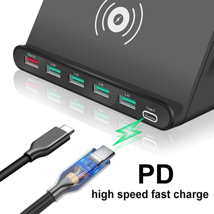 شاحن متعدد الوظائف 828W 7 في 1 بقدرة 60W مع واجهة USB QC 3.0 + 4 منافذ USB + واجهة USB-C / Type-C + شحن لاسلكي مع وظيفة حامل هاتف، قابس الولايات المتحدة، قابس الولايات المتحدة أسود، قابس الولايات المتحدة أبيض