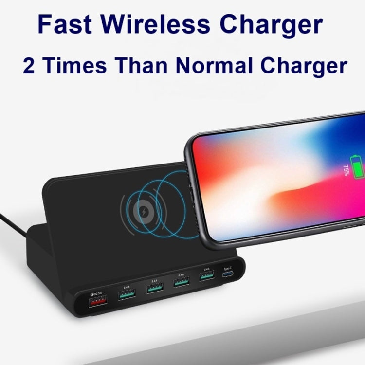 شاحن متعدد الوظائف 828W 7 في 1 بقدرة 60W مع واجهة USB QC 3.0 + 4 منافذ USB + واجهة USB-C / Type-C + شحن لاسلكي مع وظيفة حامل هاتف، قابس الولايات المتحدة، قابس الولايات المتحدة أسود، قابس الولايات المتحدة أبيض