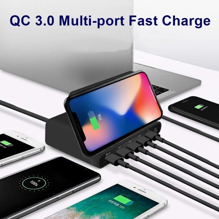 شاحن متعدد الوظائف 828W 7 في 1 بقدرة 60W مع واجهة USB QC 3.0 + 4 منافذ USB + واجهة USB-C / Type-C + شحن لاسلكي مع وظيفة حامل هاتف، قابس الولايات المتحدة، قابس الولايات المتحدة أسود، قابس الولايات المتحدة أبيض