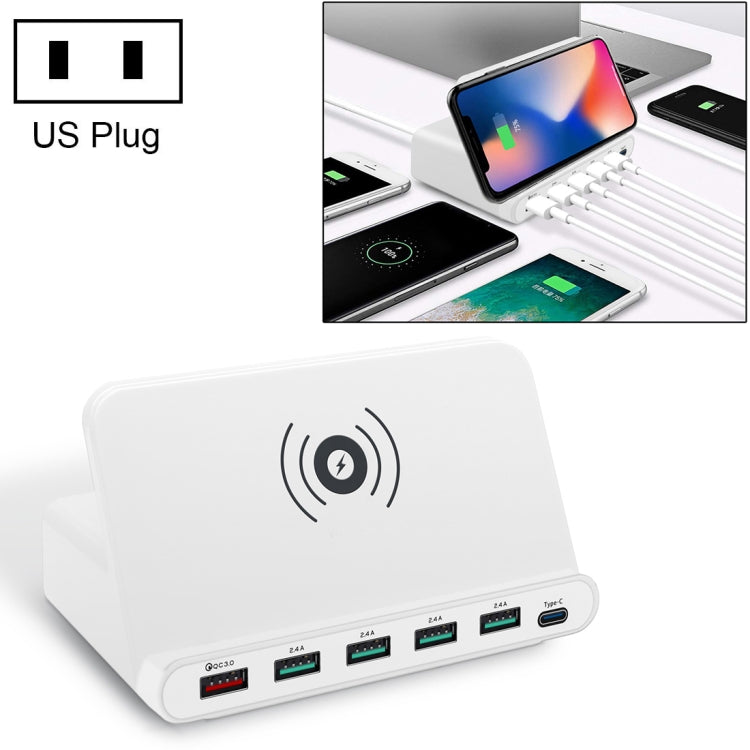 شاحن متعدد الوظائف 828W 7 في 1 بقدرة 60W مع واجهة USB QC 3.0 + 4 منافذ USB + واجهة USB-C / Type-C + شحن لاسلكي مع وظيفة حامل هاتف، قابس الولايات المتحدة، قابس الولايات المتحدة أسود، قابس الولايات المتحدة أبيض