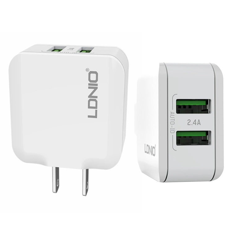 LDNIO A2201 رأس شحن مزدوج USB 2.4 أمبير شاحن مباشر للسفر مع كابل بيانات 8 دبابيس، 8 دبابيس