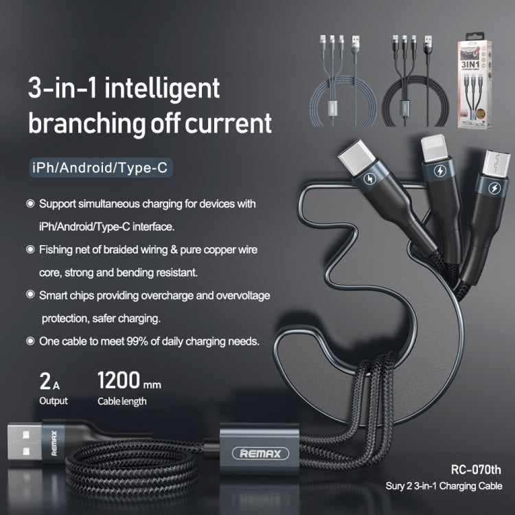 كابل شحن REMAX RC-070TH 1.2 متر 2 أمبير 3 في 1 USB إلى 8 دبابيس وUSB-C / Type-C وMicro USB