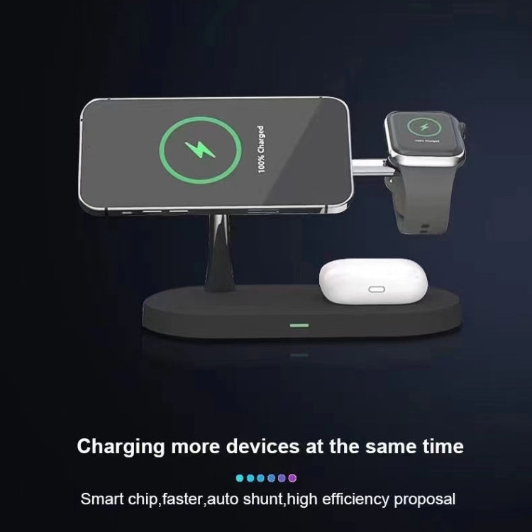 شاحن لاسلكي مغناطيسي متعدد الوظائف 5 في 1 بقوة 15 واط لسلسلة iPhone 12 وساعات Apple وسماعات AirPods 1 / 2 / Pro، مع ضوء LED