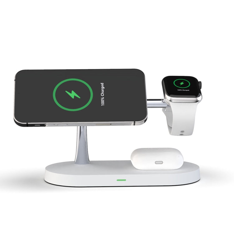 شاحن لاسلكي مغناطيسي متعدد الوظائف 5 في 1 بقوة 15 واط لسلسلة iPhone 12 وساعات Apple وسماعات AirPods 1 / 2 / Pro، مع ضوء LED