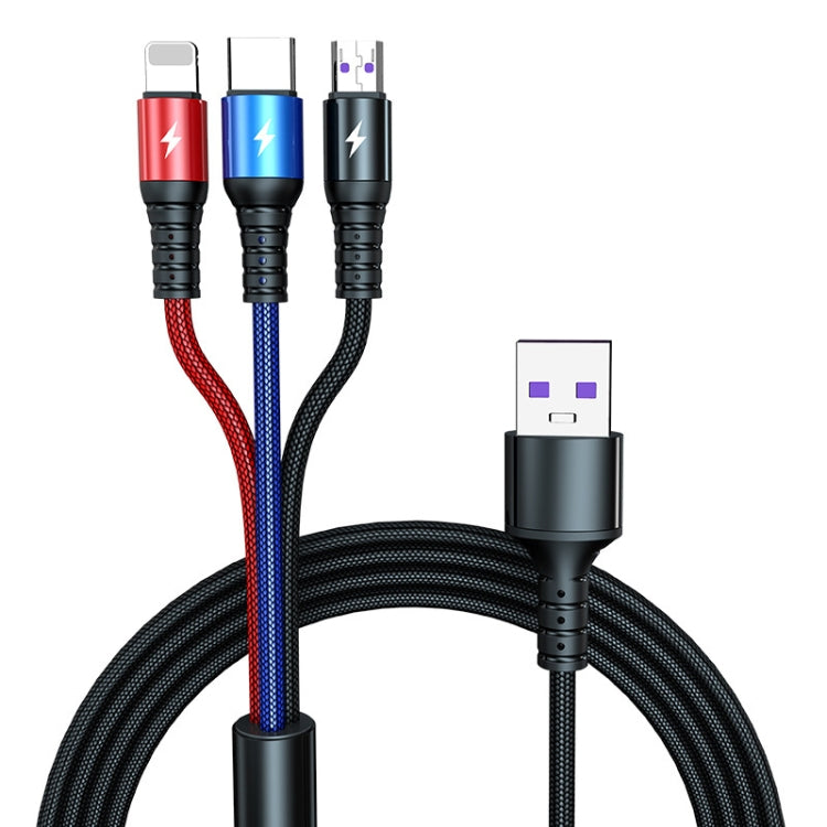 K061 كابل شحن سريع 1.2 متر 5A 3 في 1 USB إلى 8 بن + USB-C / Type-C + Micro USB دائري
