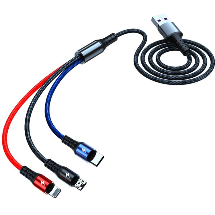 K061 كابل شحن سريع 1.2 متر 5A 3 في 1 USB إلى 8 بن + USB-C / Type-C + Micro USB دائري
