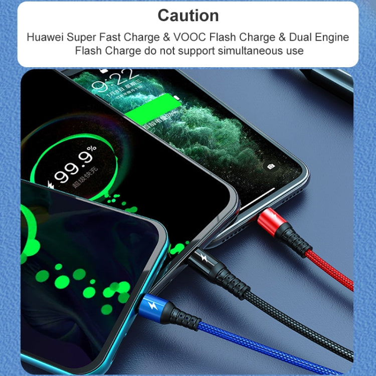 K061 كابل شحن سريع 1.2 متر 5A 3 في 1 USB إلى 8 بن + USB-C / Type-C + Micro USB دائري