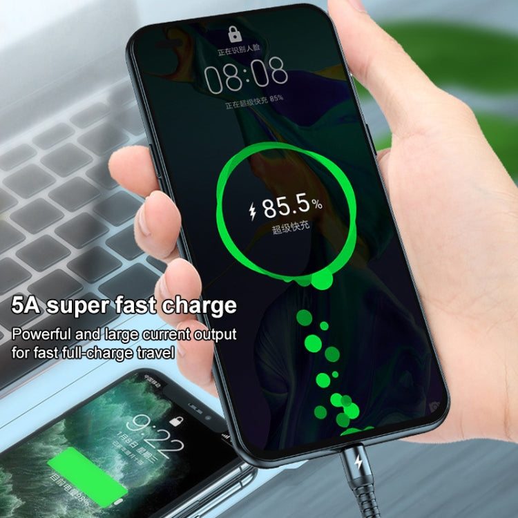 K061 كابل شحن سريع 1.2 متر 5A 3 في 1 USB إلى 8 بن + USB-C / Type-C + Micro USB دائري