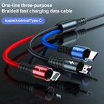 K061 كابل شحن سريع 1.2 متر 5A 3 في 1 USB إلى 8 بن + USB-C / Type-C + Micro USB دائري