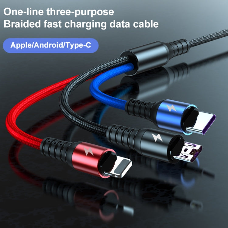 K061 كابل شحن سريع 1.2 متر 5A 3 في 1 USB إلى 8 بن + USB-C / Type-C + Micro USB دائري